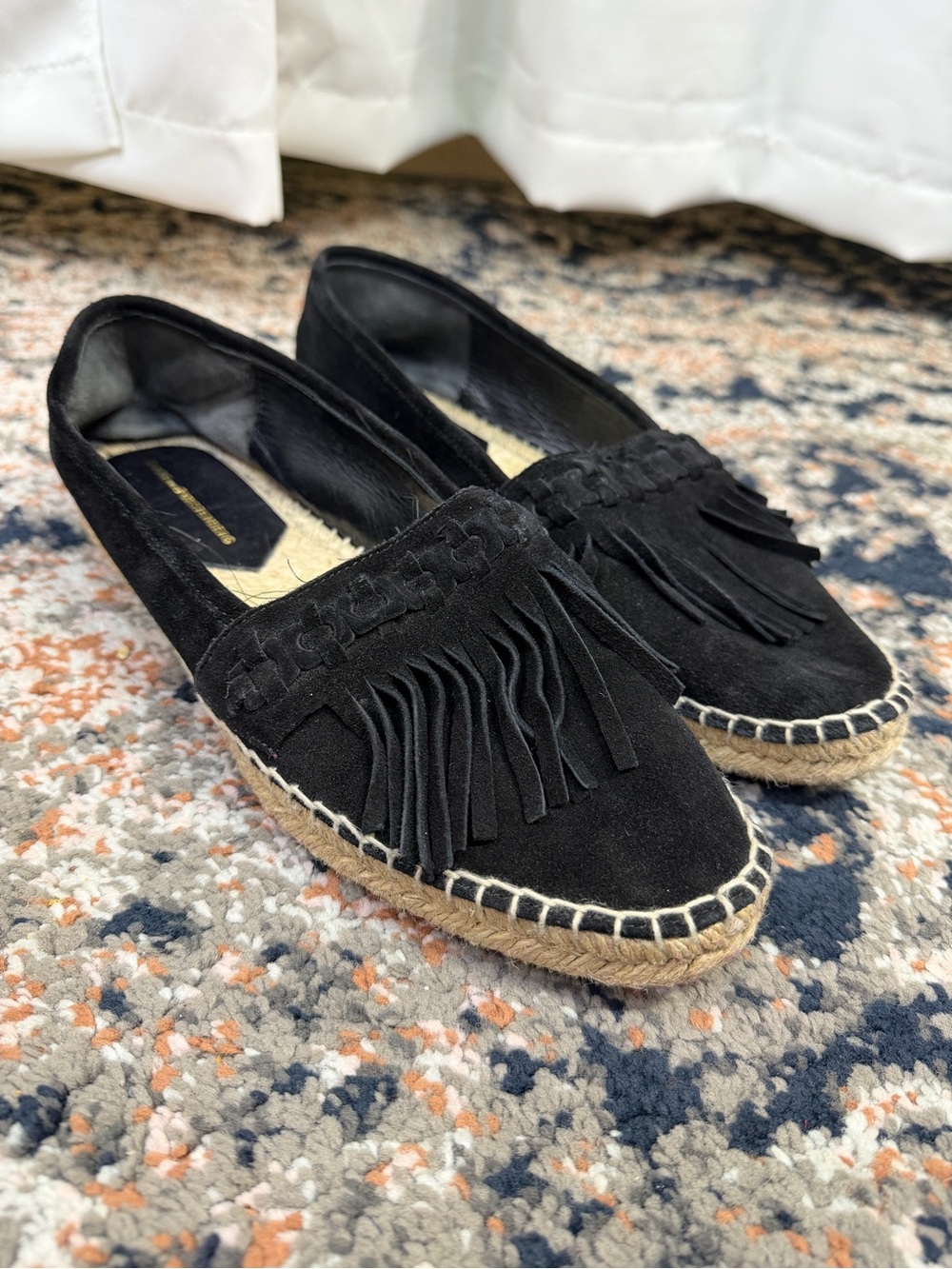Diane von Furstenberg ‘Cadah’ Black Suede Fringe Trim Espadrilles Flats Size 9